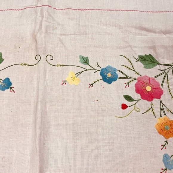 Vintage Handmade Pink Square Embroidered Floral Tablecloth 42 x 41 Appliqué Cute - Picture 13 of 16
